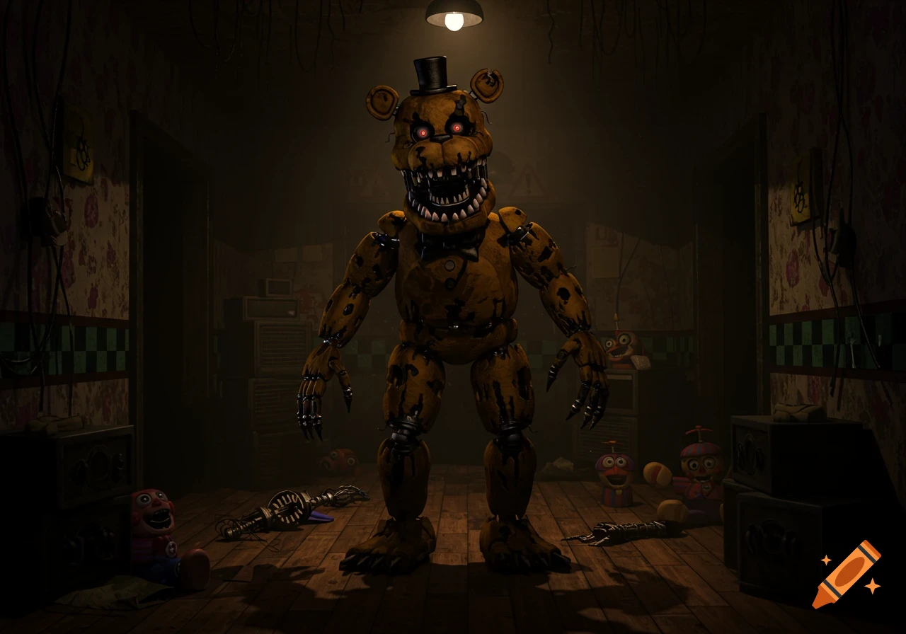 A terrifying, golden-brown nightmare animatronic Fredbear from Five Nights at Freddy's 4 stands in a dark, cluttered room with glowing red eyes and sharp teeth.