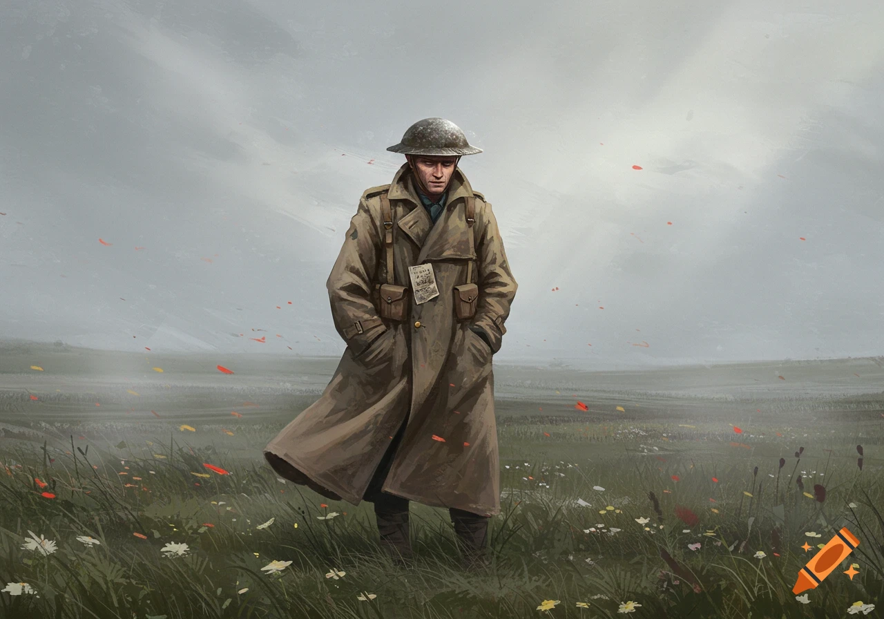 A solemn soldier in a trench coat and helmet stands in a misty, grassy field with scattered wildflowers and red petals. The sky is overcast and grey.