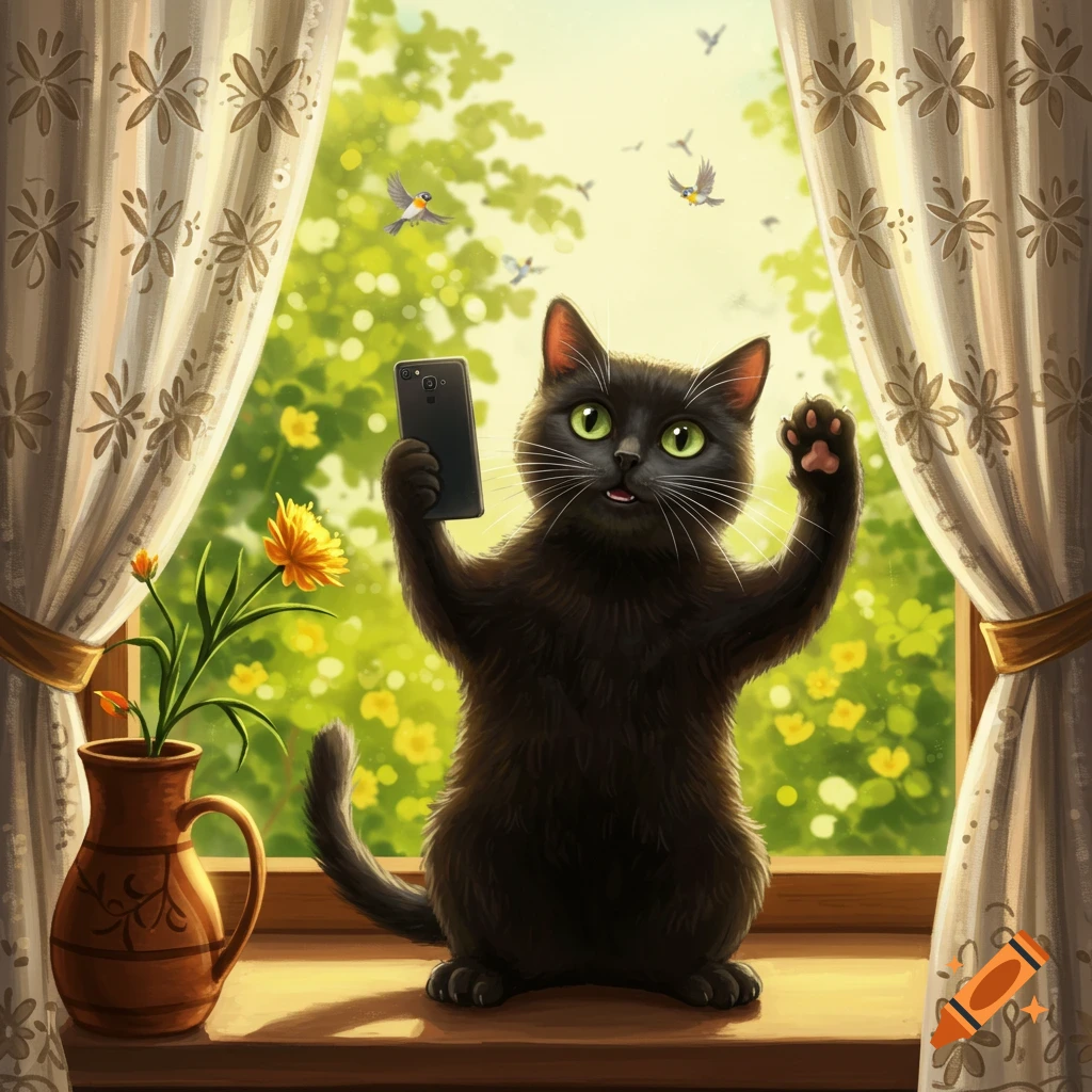 A black cat with green eyes takes a selfie by a window, with birds flying outside and a vase of flowers on the sill, in a cartoon style.