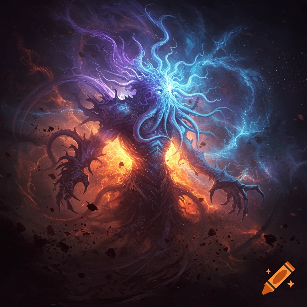 A cosmic entity with tentacles and glowing energy, surrounded by fiery chaos and space.