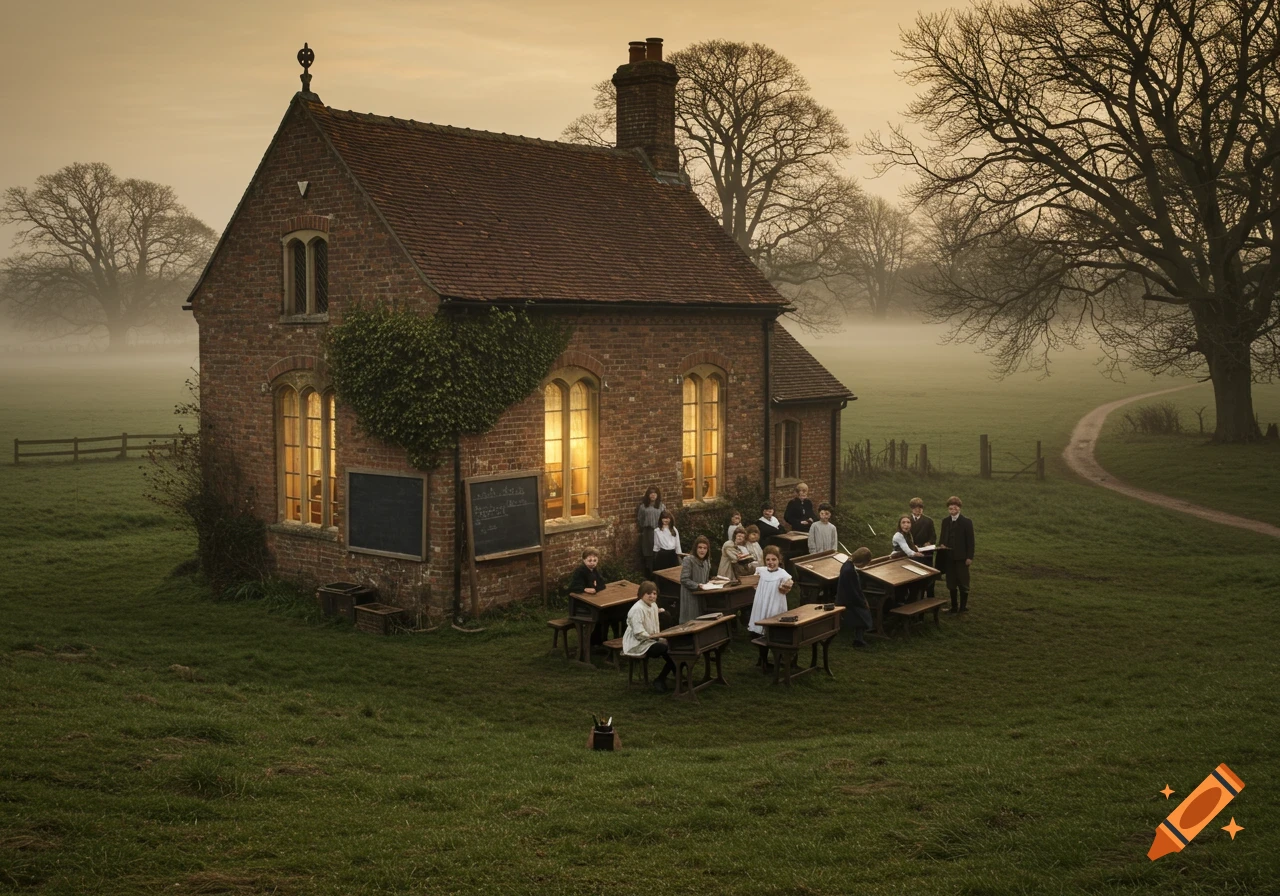 An old brick schoolhouse with children learning at outdoor desks in a foggy, grassy field under an overcast sky.
