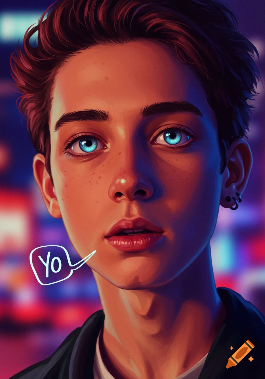 A stylized digital art portrait of a young person with bright blue eyes and freckles, a speech bubble saying 'Yo', set against blurred city lights.