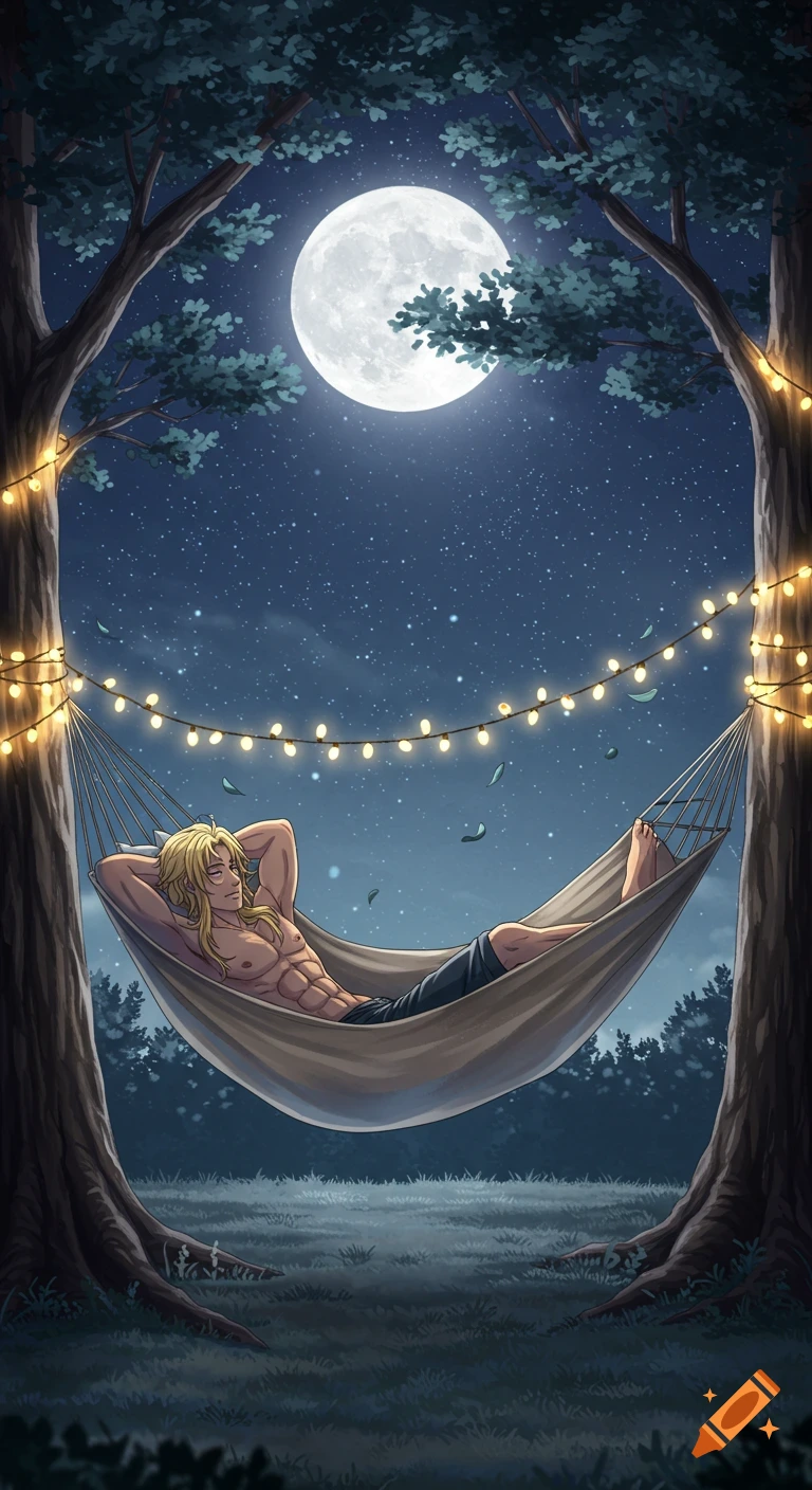 An anime-style buff man with blond hair lies shirtless in a hammock strung between two trees at night under a full moon and starry sky with string lights.