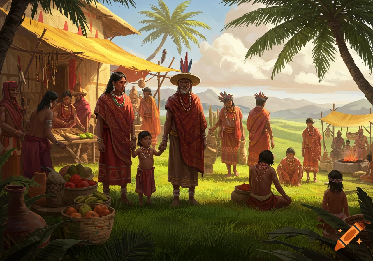 A vibrant illustration depicts a lively village market scene with people in traditional attire, baskets of produce, and palm trees under a bright sky.