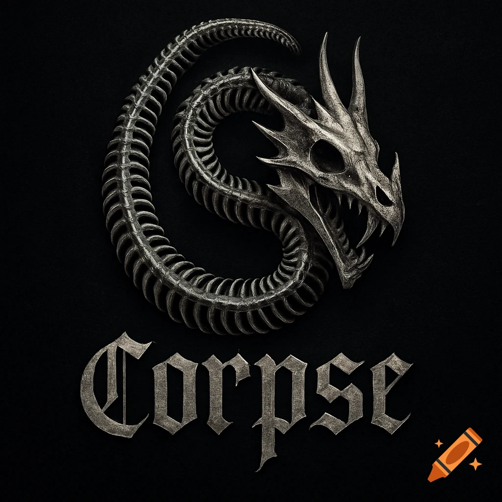 A stylized silver dragon skull and snake skeleton logo with the word 'Corpse' in gothic font on a dark background.