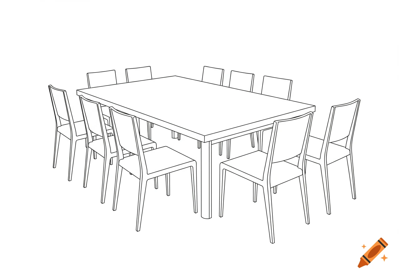 A simple black and white line drawing of a rectangular table surrounded by ten chairs.