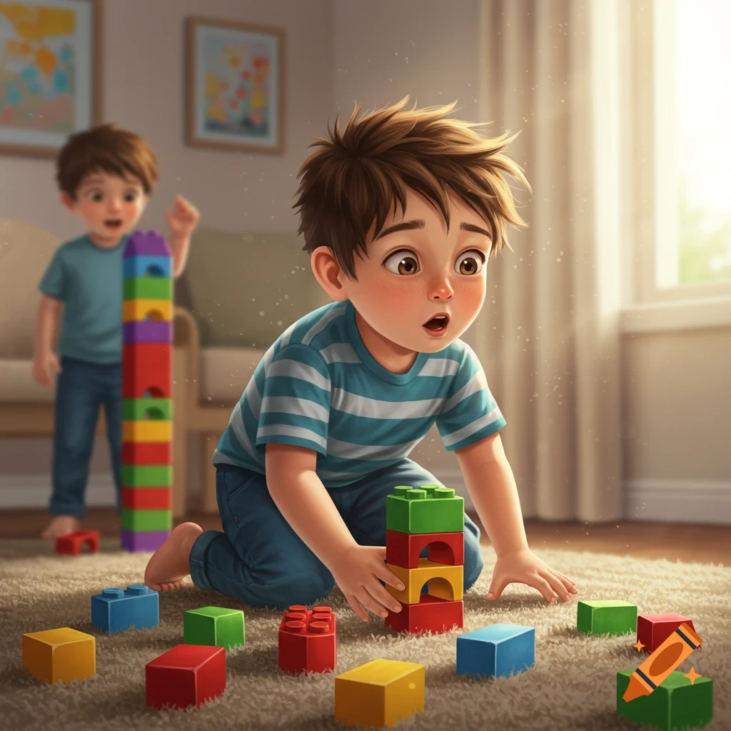 An illustration of a young boy with wide eyes building a colorful block tower on a carpeted floor, while another boy plays with a tall block tower in the background.