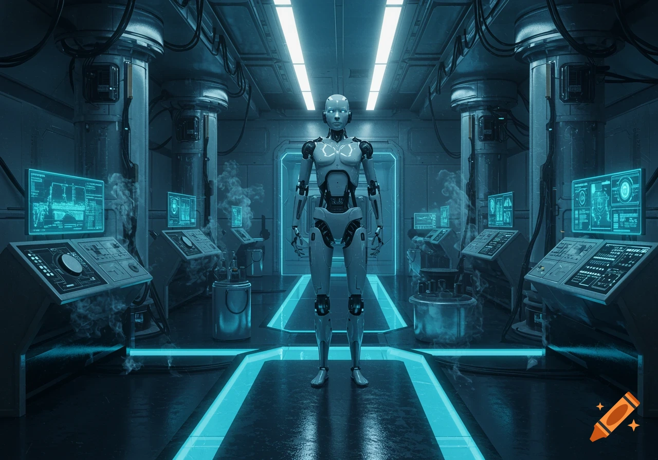 A white humanoid robot stands in a futuristic laboratory with glowing blue lights and control panels.