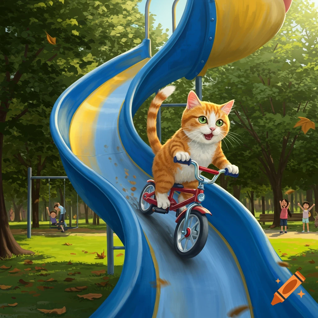 A cheerful orange and white cat rides a red bicycle down a blue and yellow playground slide in a green park with trees and autumn leaves.