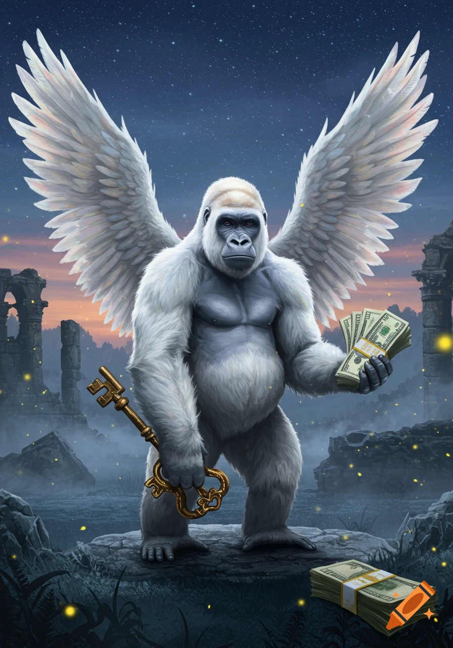 A majestic white gorilla with large feathered wings stands on a rocky outcrop holding a golden key and stacks of cash, with ancient ruins and a starry night sky in the background.