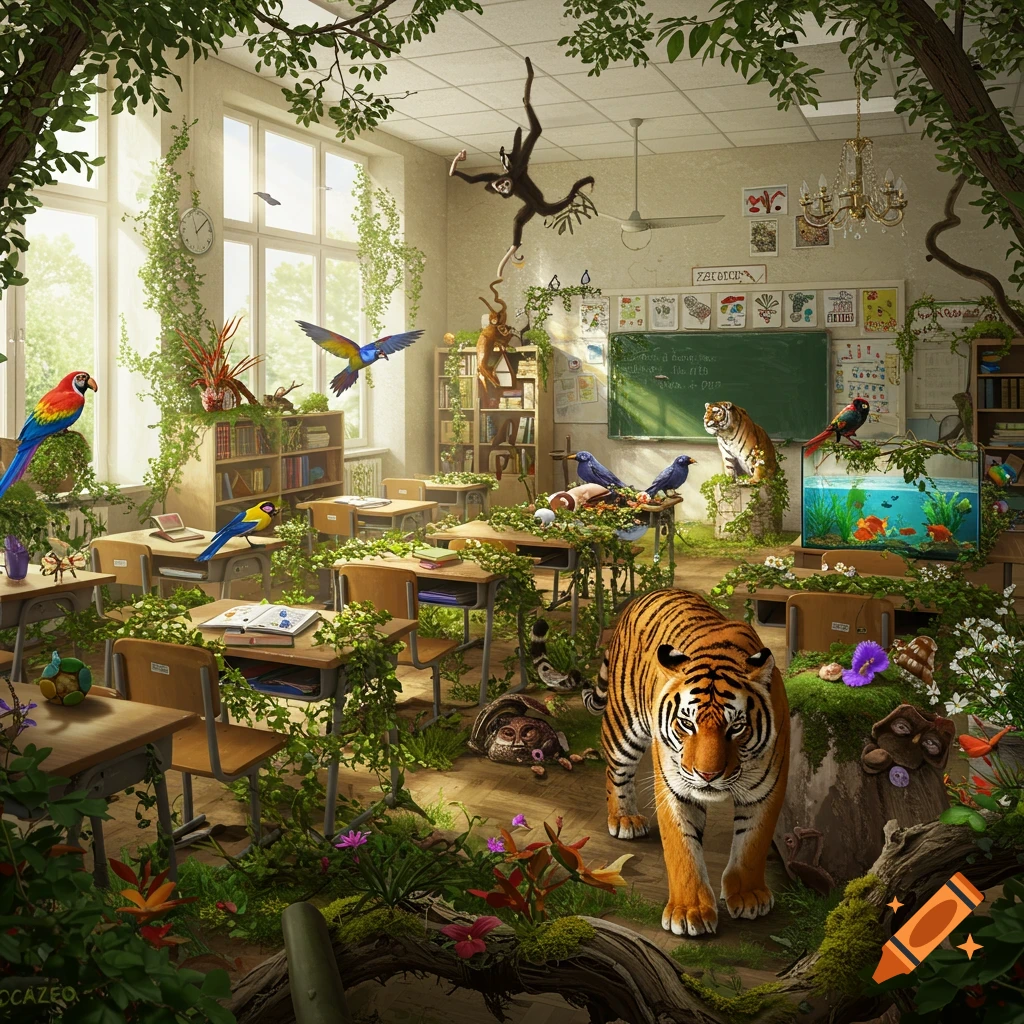 A photorealistic image of a classroom overgrown with lush jungle foliage, featuring wild animals like a tiger, monkeys, parrots, and an aquarium.