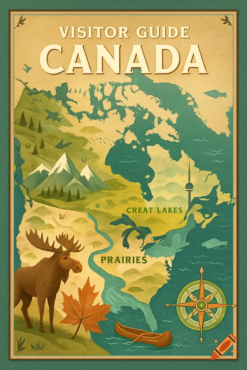 Vintage-style visitor guide poster for Canada, featuring a map with a moose, canoe, maple leaf, mountains, and a compass.