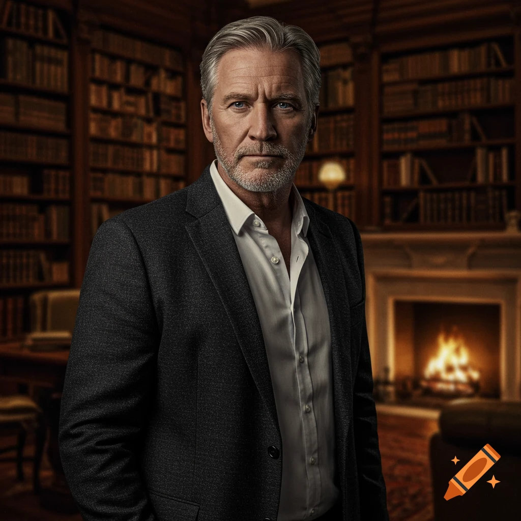 Photorealistic portrait of a serious, gray-haired man in a suit, standing in a library with bookshelves and a fireplace.