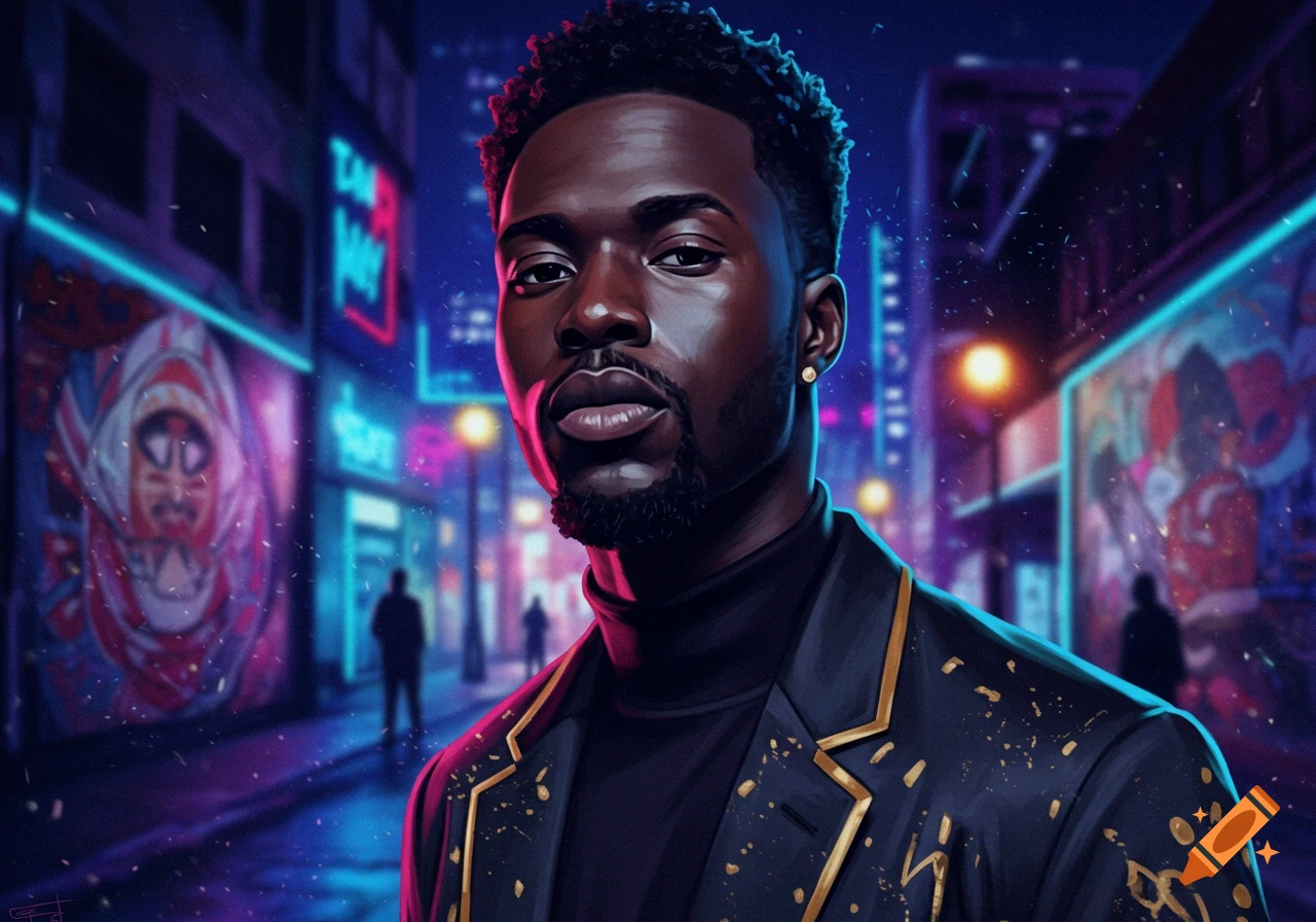 A portrait of a Black man with a beard in a neon-lit city street at night, in a digital art style.