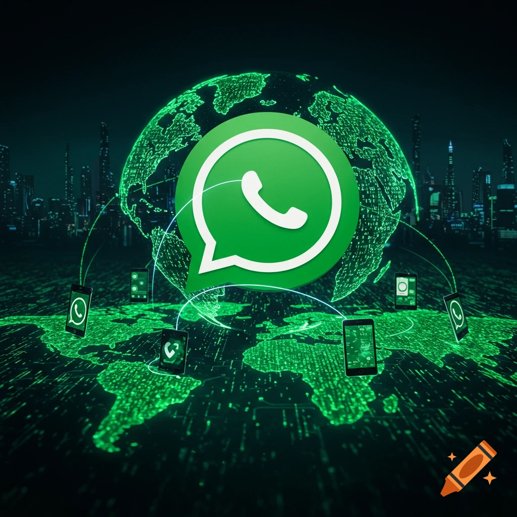 A large green WhatsApp logo floats above a glowing green world map with connected smartphones, set against a dark, futuristic cityscape.