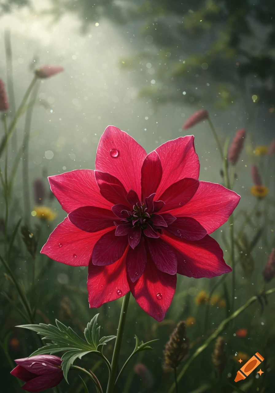 A vibrant deep red multi-petaled flower with water droplets in a soft-focus green garden, illuminated by sunlight.