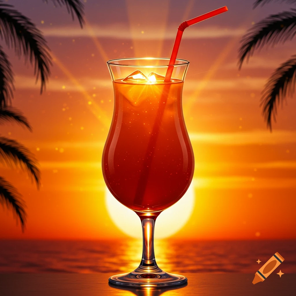 A vibrant hurricane glass with orange liquid and a red straw against a sunset over the ocean, with silhouetted palm fronds.