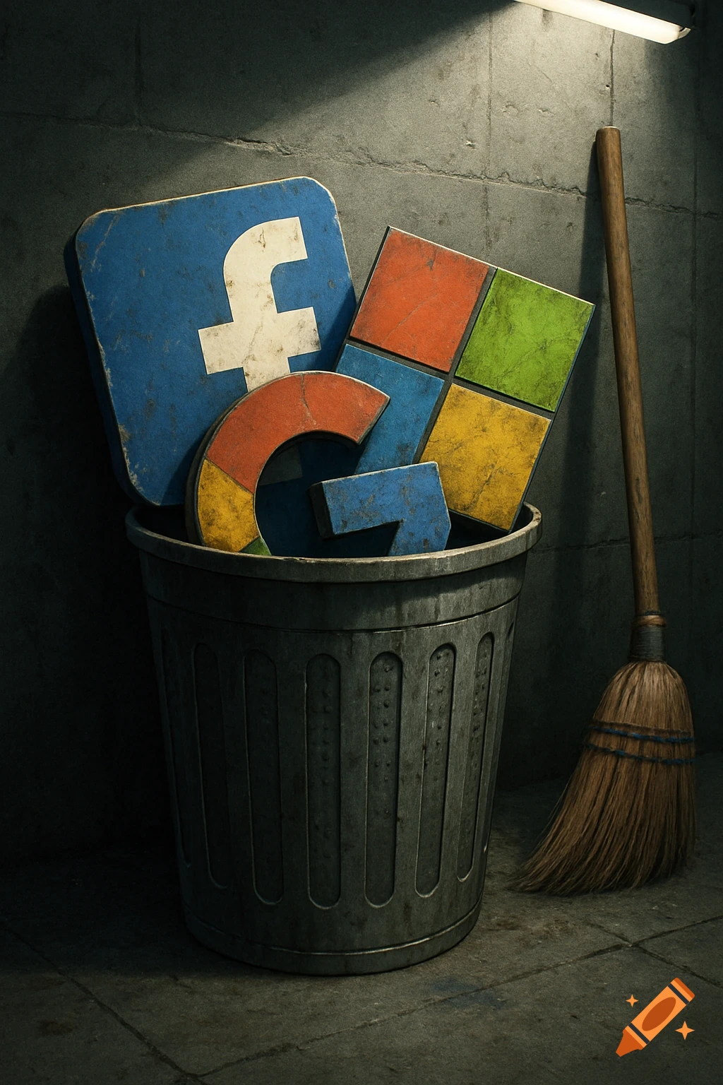 Worn Facebook, Microsoft, and Google logos discarded in a metal trash bin, with a broom next to it against a concrete wall. Gritty, photorealistic style.