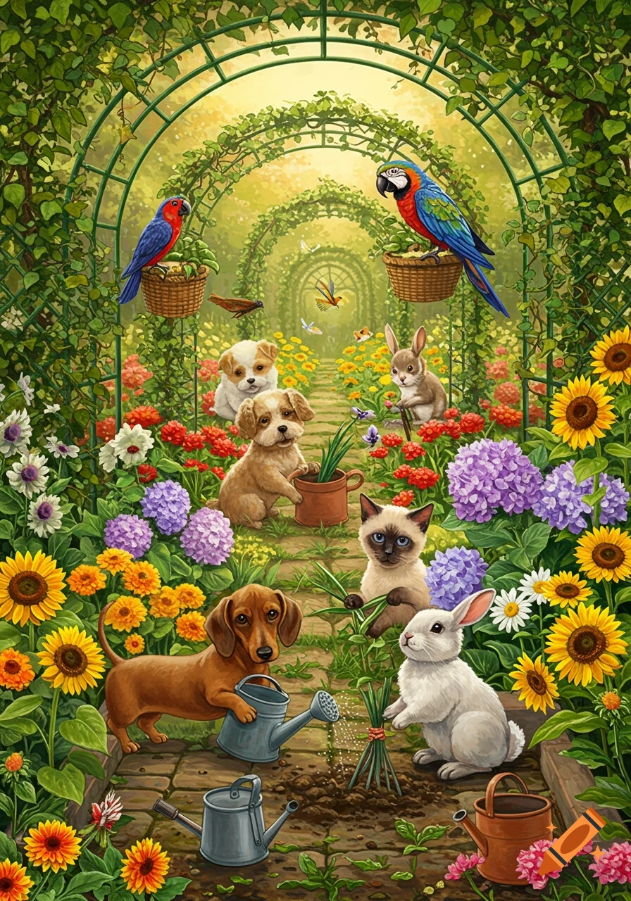 Cute dogs, cats, rabbits, and birds tending a lush, colorful garden with a green archway.