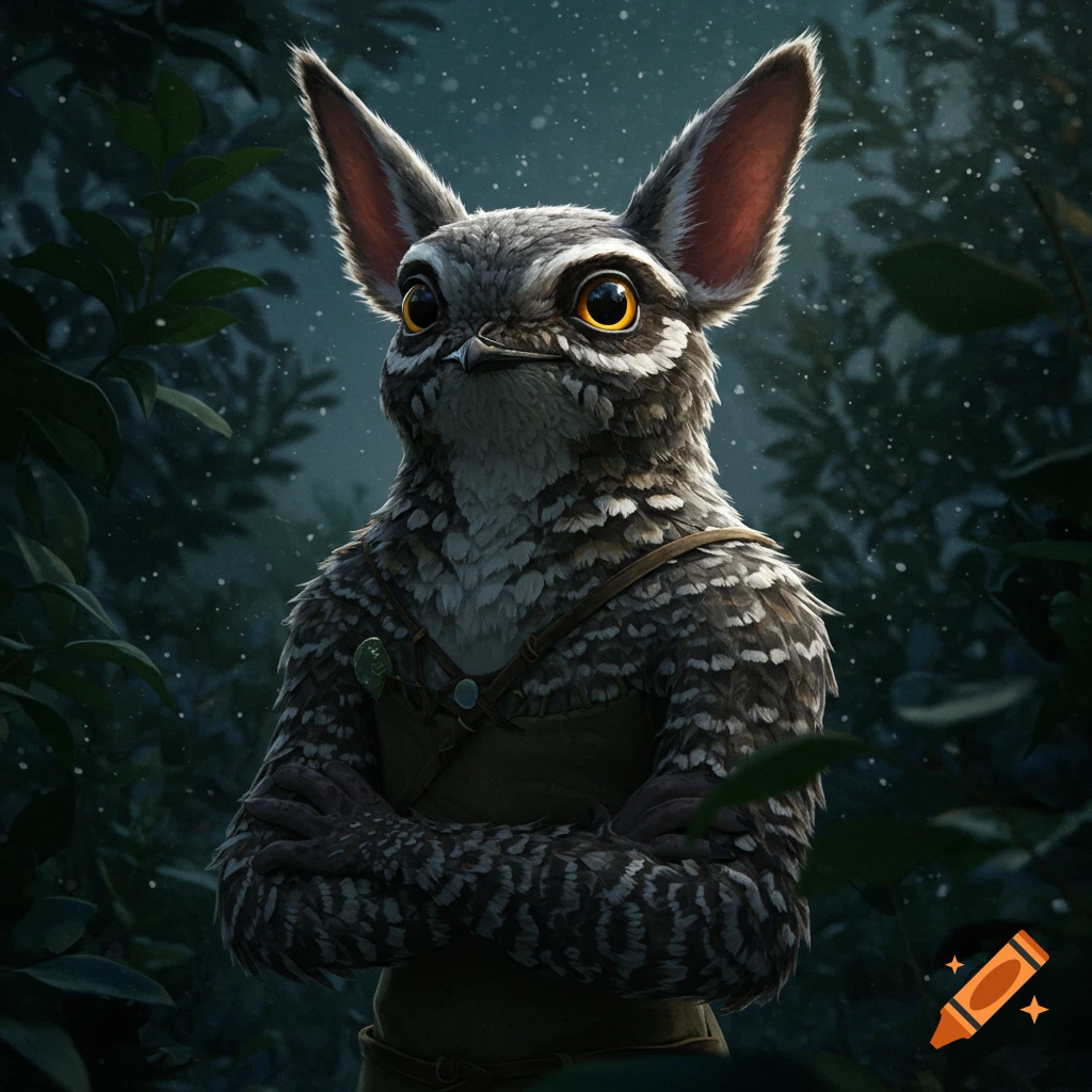 A close-up of an anthropomorphic great eared nightjar in a dark forest at night, with large ears and feathery body, looking forward with golden eyes, arms crossed.