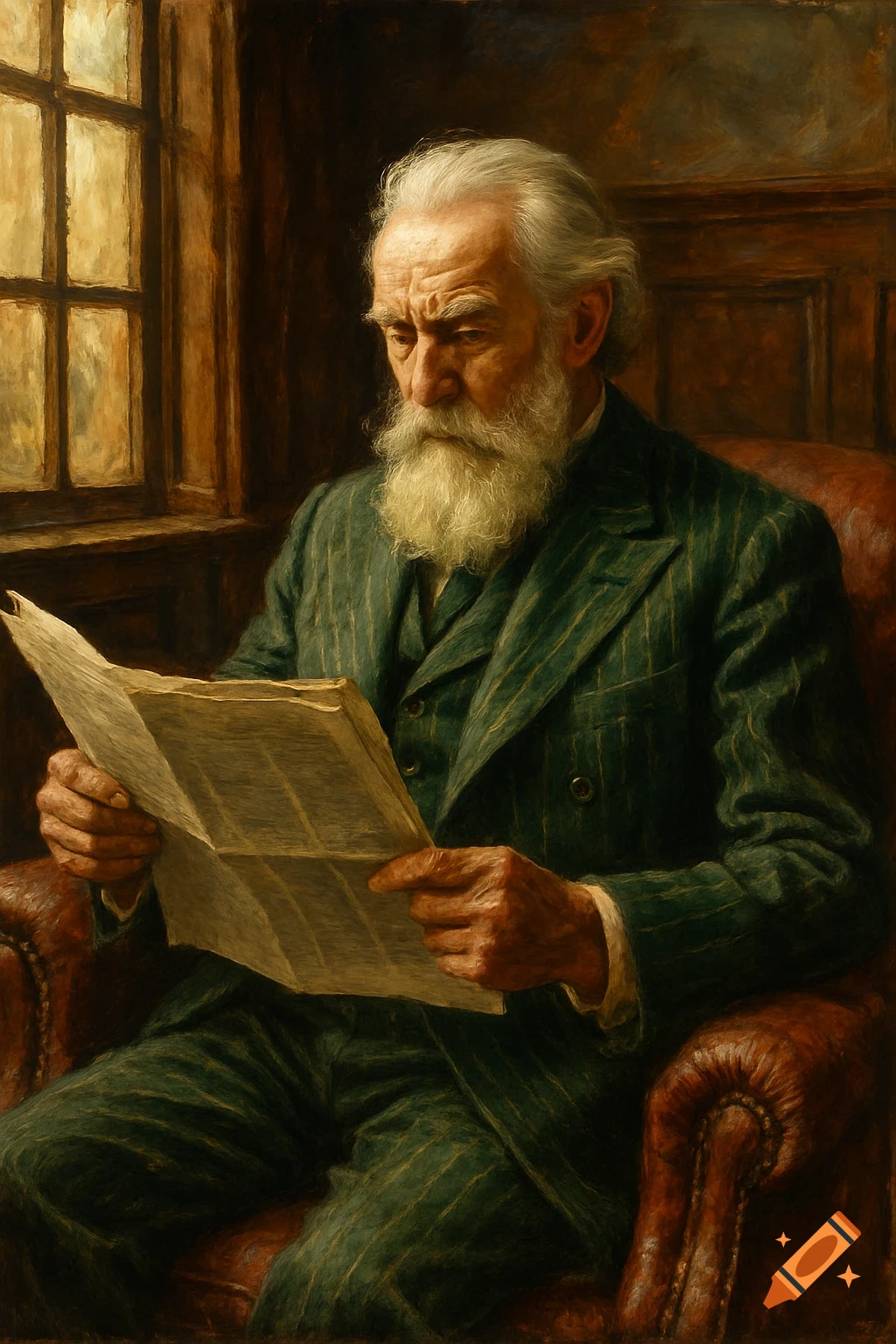 Elderly man with white beard in a green pinstripe suit, sitting in a leather chair and reading a newspaper, in the style of an oil painting.