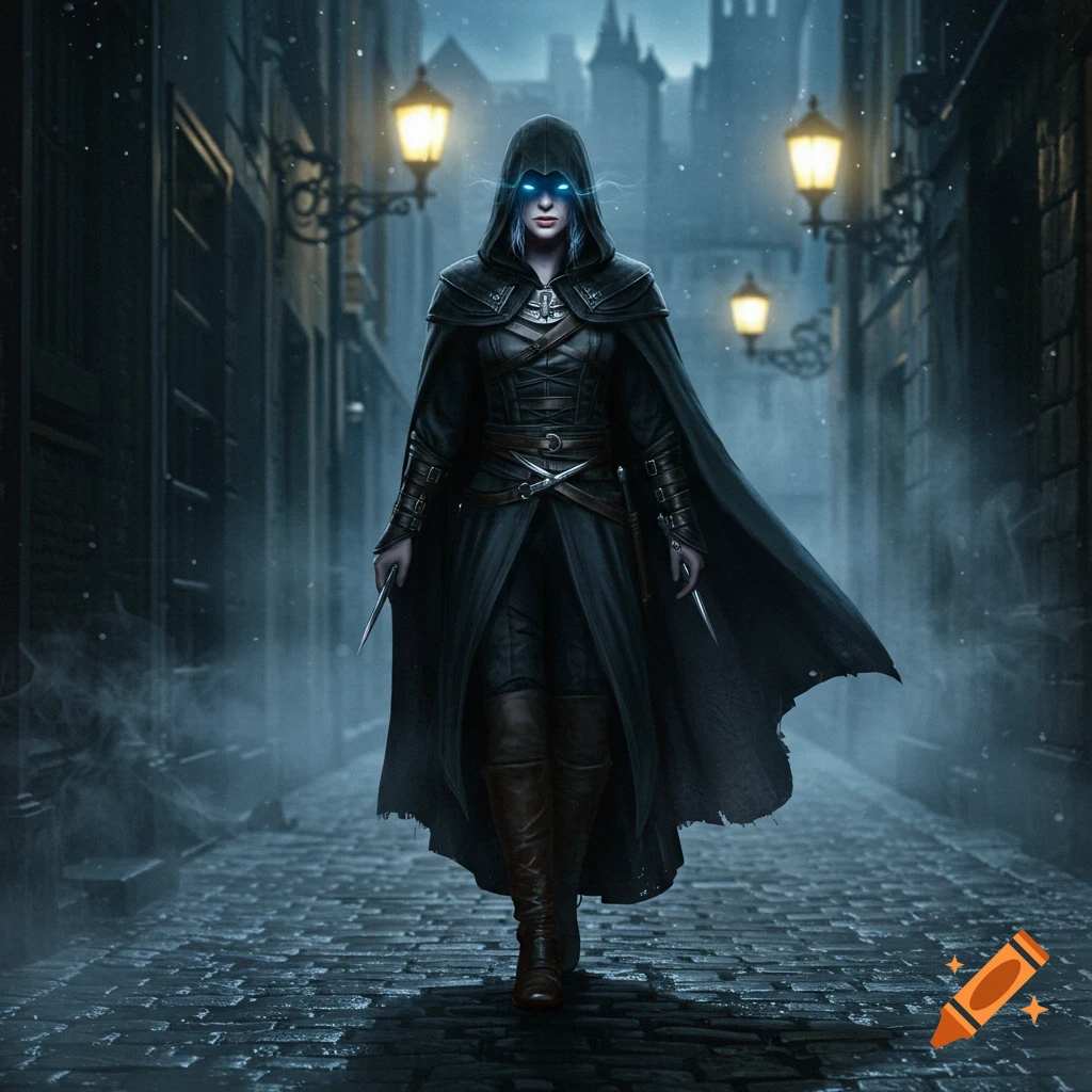 A female assassin in a dark hooded cloak with glowing blue eyes stands on a foggy cobblestone street at night, holding knives. Dark fantasy.