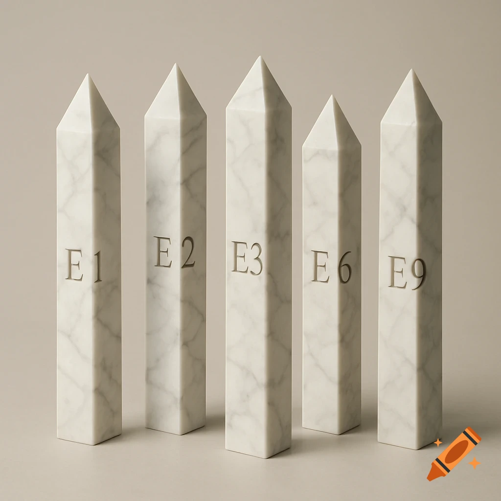 Five white marble obelisks, each engraved with 'E1', 'E2', 'E3', 'E6', and 'E9' respectively, against a light background.