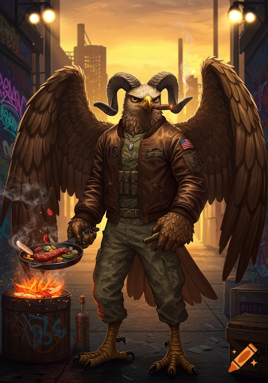 An anthropomorphic eagle with ram horns, wearing a US Army style brown jacket and camouflage pants, smokes a cigar while cooking meat in a skillet over a fire in a barrel, in an alley with graffiti.