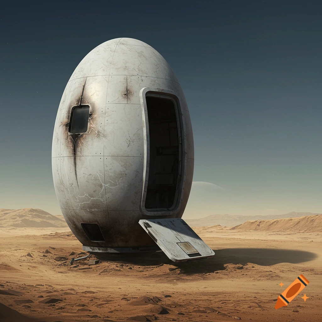 A photorealistic image of a scorched egg-shaped spaceship escape pod with an open hatch, sitting in a vast desert landscape under a clear sky.