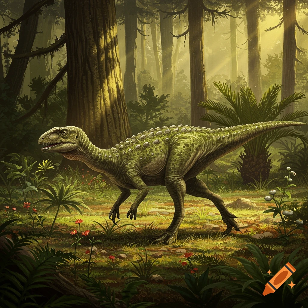 A green Lesothosaurus dinosaur walks through a lush, sunlit prehistoric forest with tall trees and dense foliage.