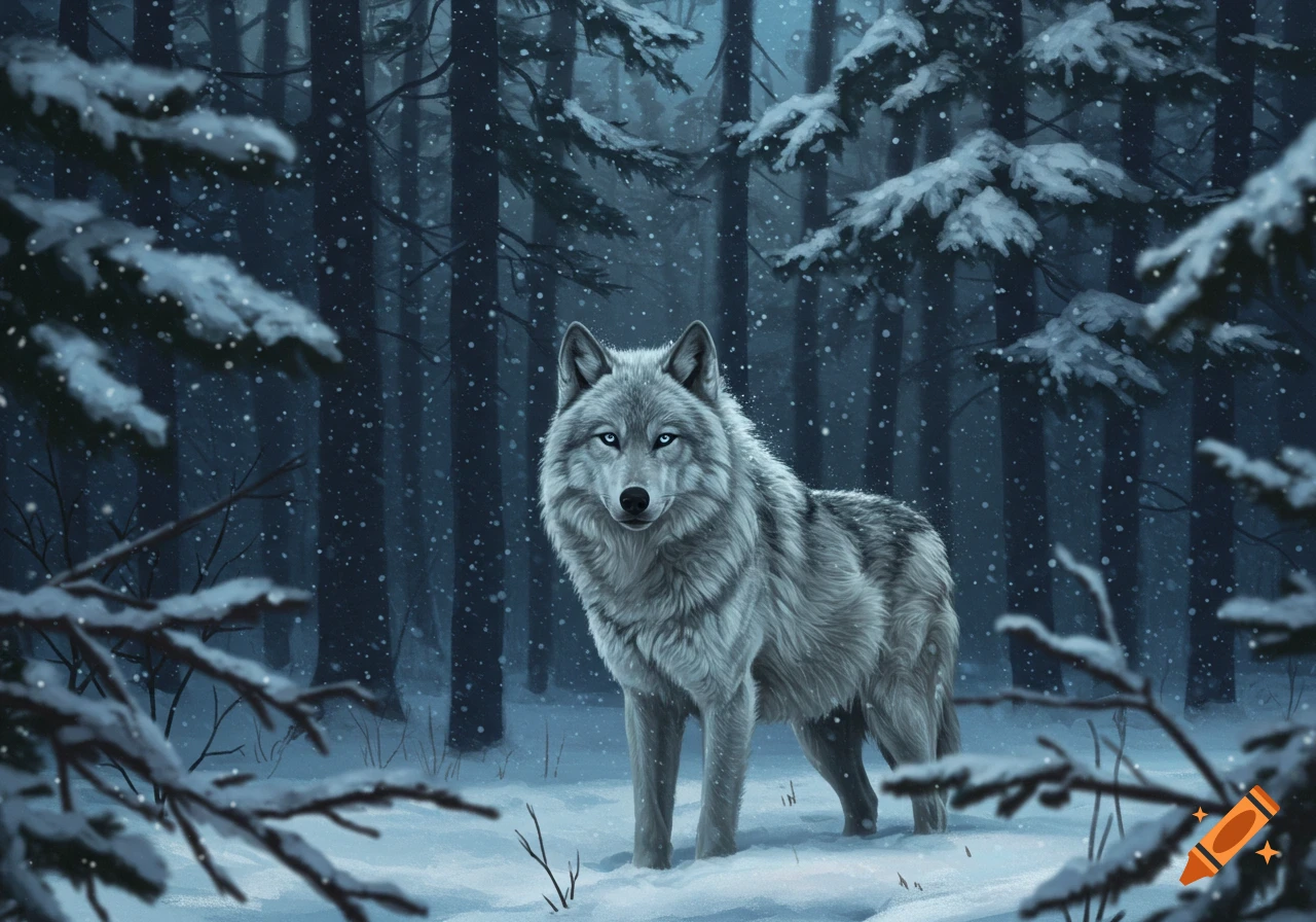 A grey wolf with blue eyes stands in a snowy dark forest during winter with snowflakes falling.