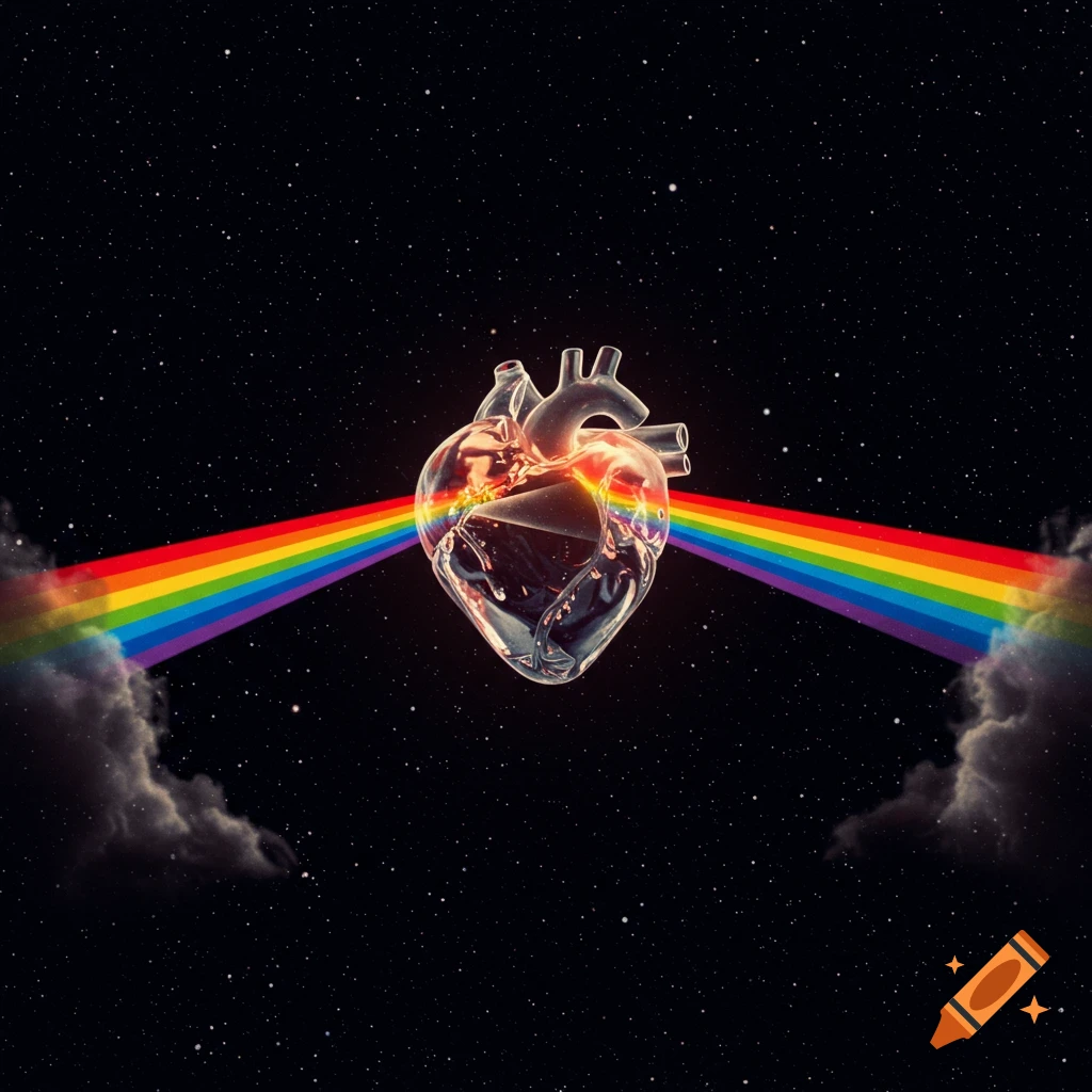 A clear glass heart in space, with a rainbow light spectrum passing through it, resembling the Pink Floyd album cover.