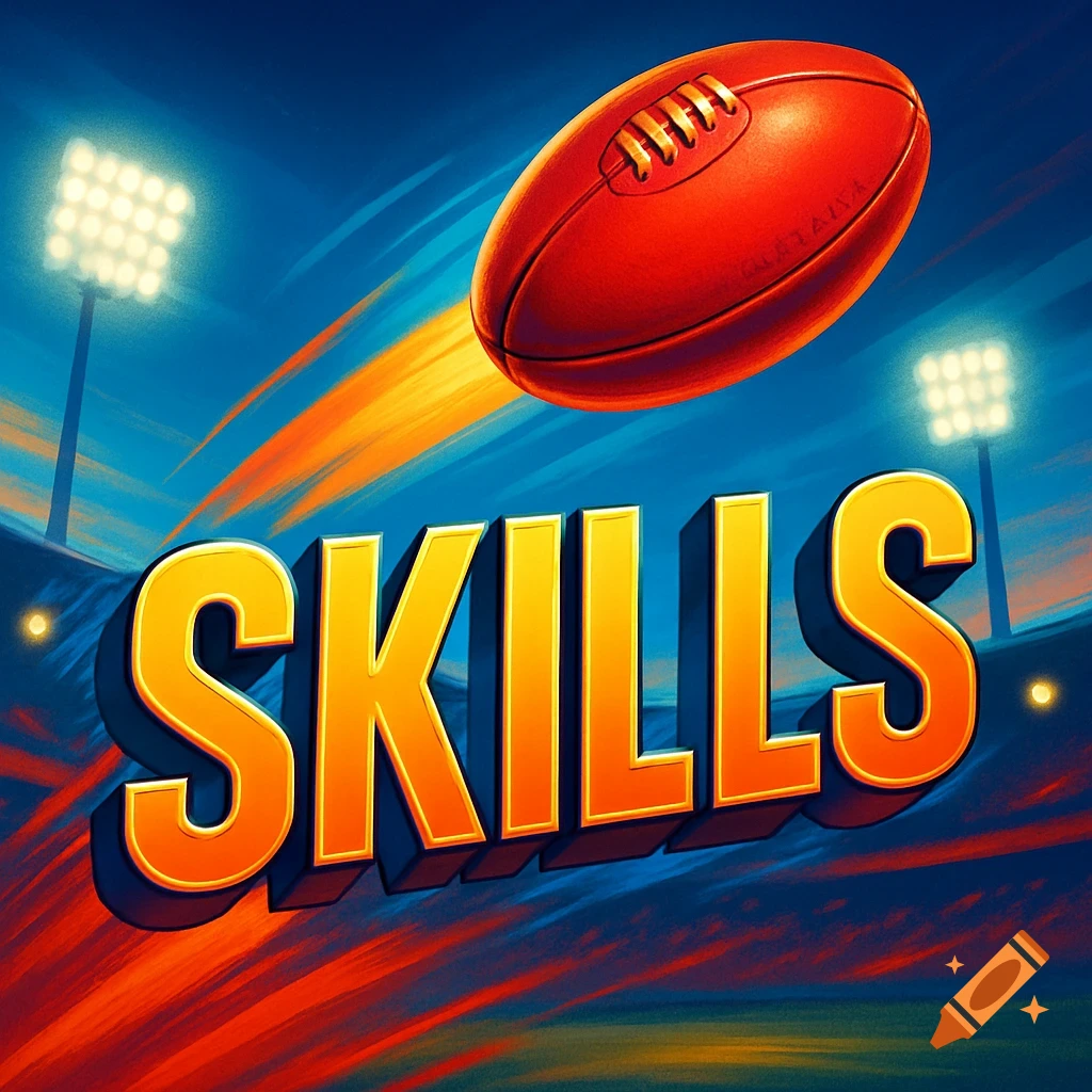 A vibrant, dynamic illustration featuring an orange football soaring over large, bold 3D letters spelling "SKILLS" against a blue sky with stadium lights and streaks of orange and red.