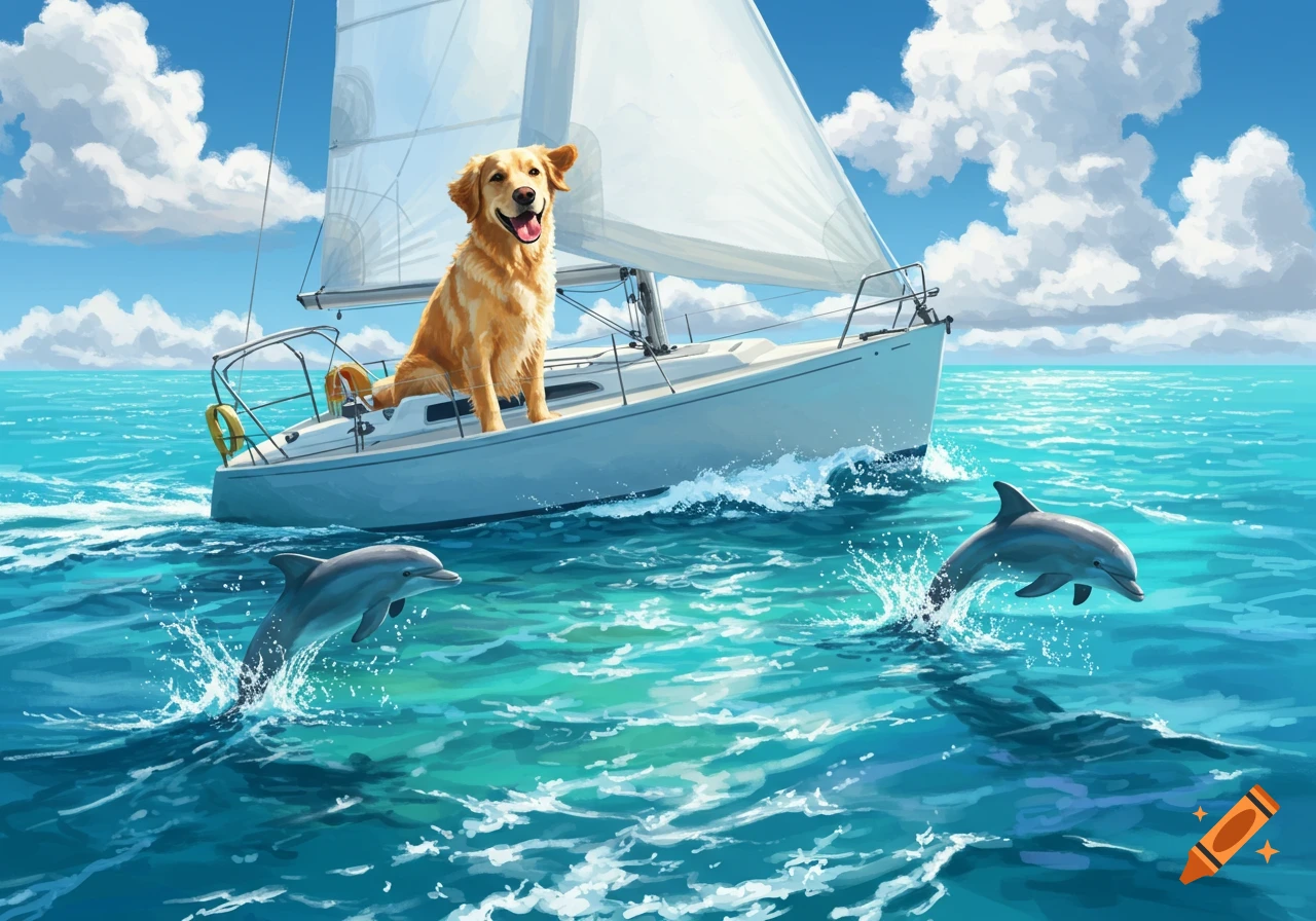 An illustrated golden retriever dog happily sitting on a sailboat on a bright blue ocean with two dolphins jumping out of the water.