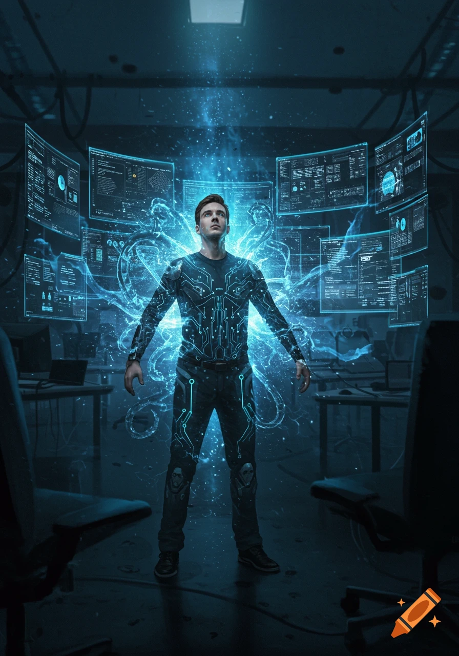 A man in a circuit-patterned suit stands glowing amidst futuristic data screens, representing a transformation.