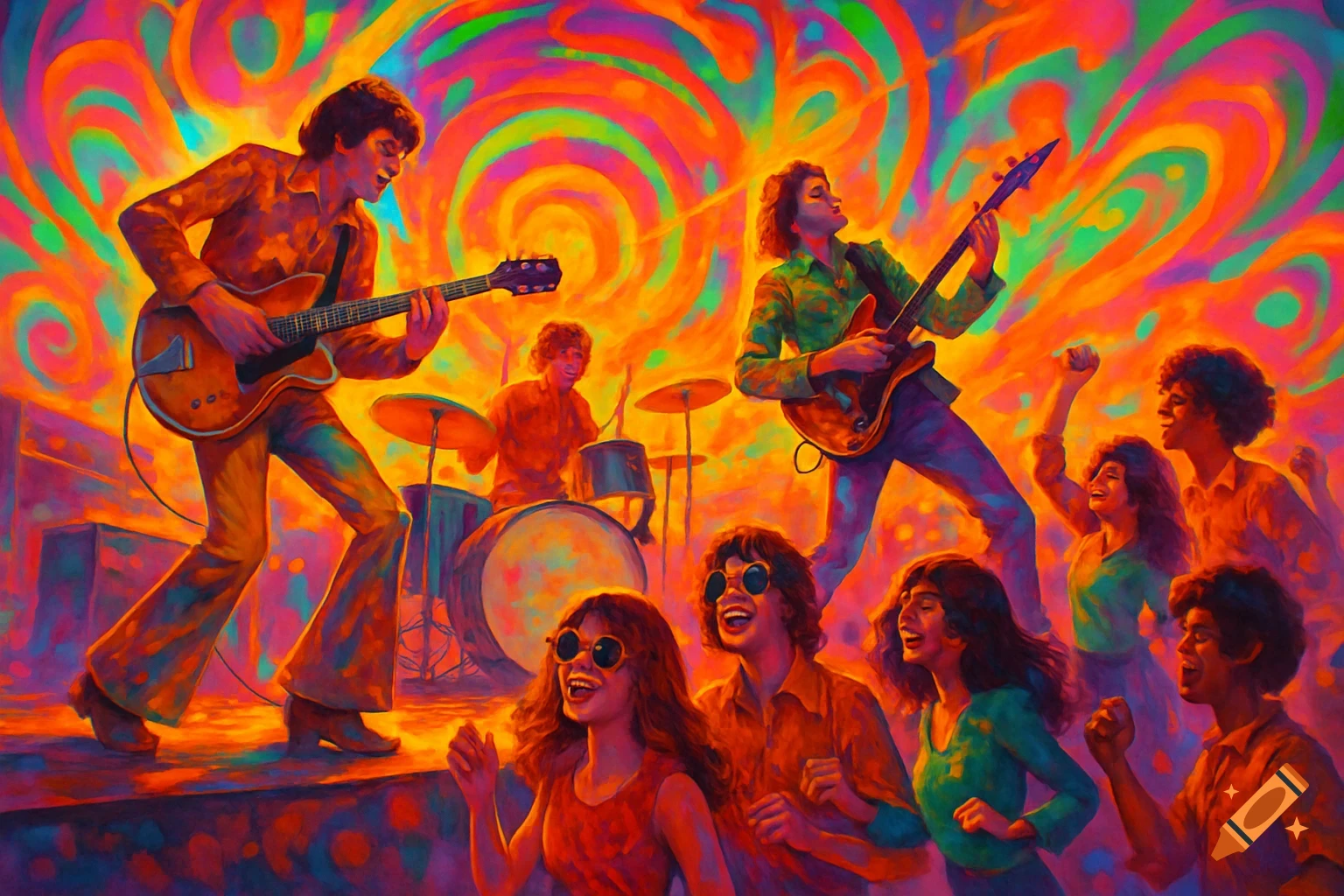 Vibrant psychedelic painting of a 60s rock band performing on stage for a dancing crowd.