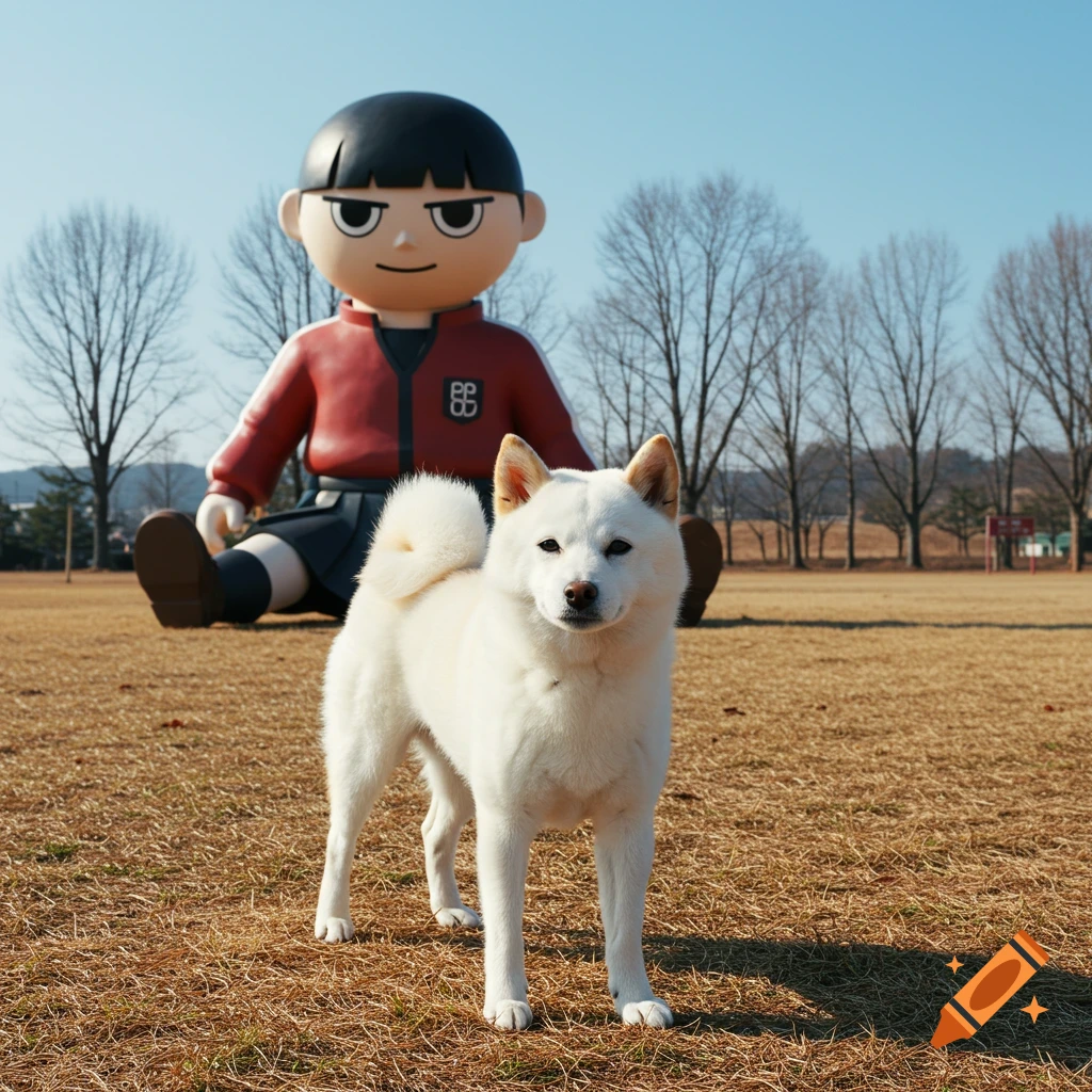 A white Shiba Inu dog stands in a field in front of a giant doll-like figure, under a clear blue sky.