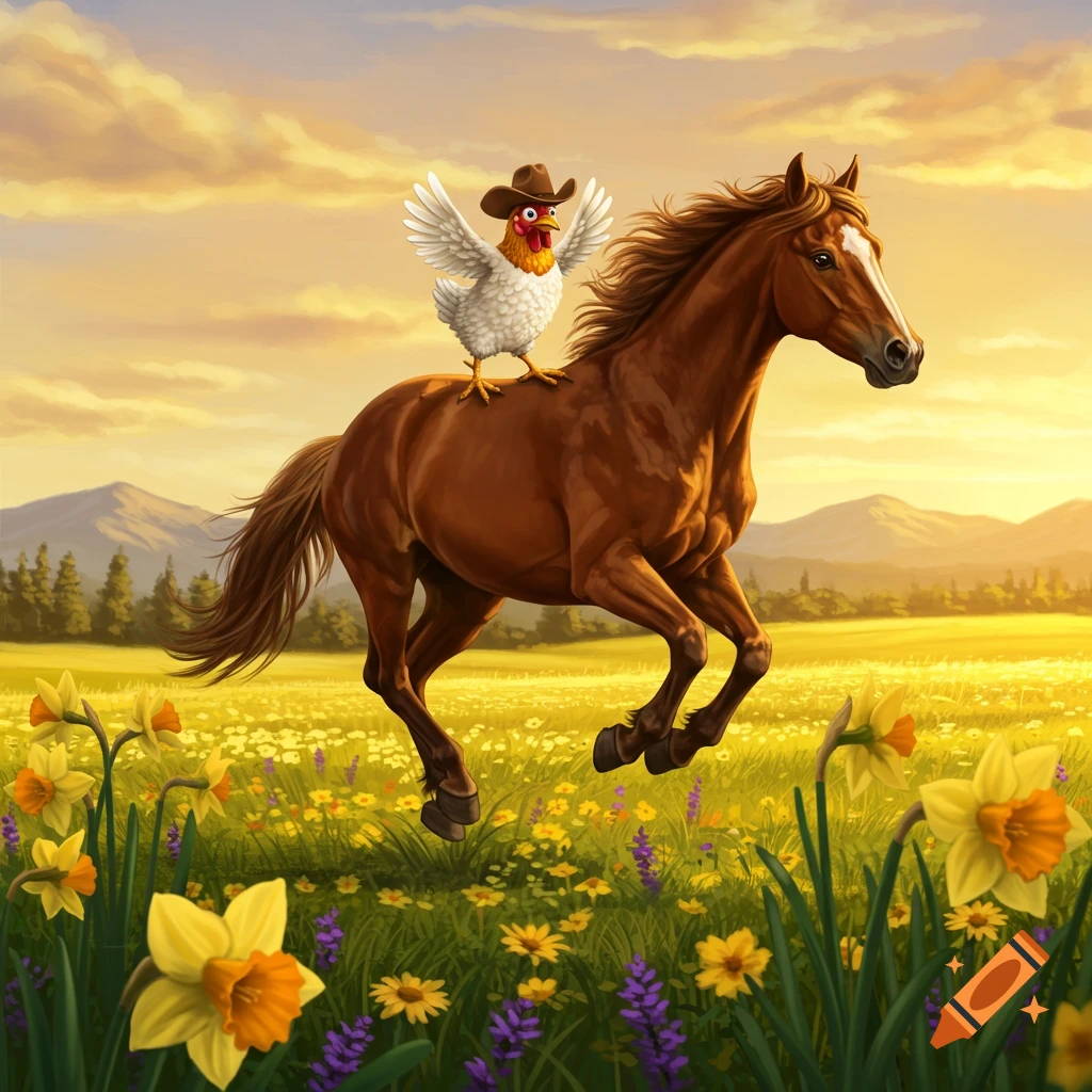 A cartoon chicken in a cowboy hat rides a galloping brown horse through a field of yellow and purple wildflowers at sunset.