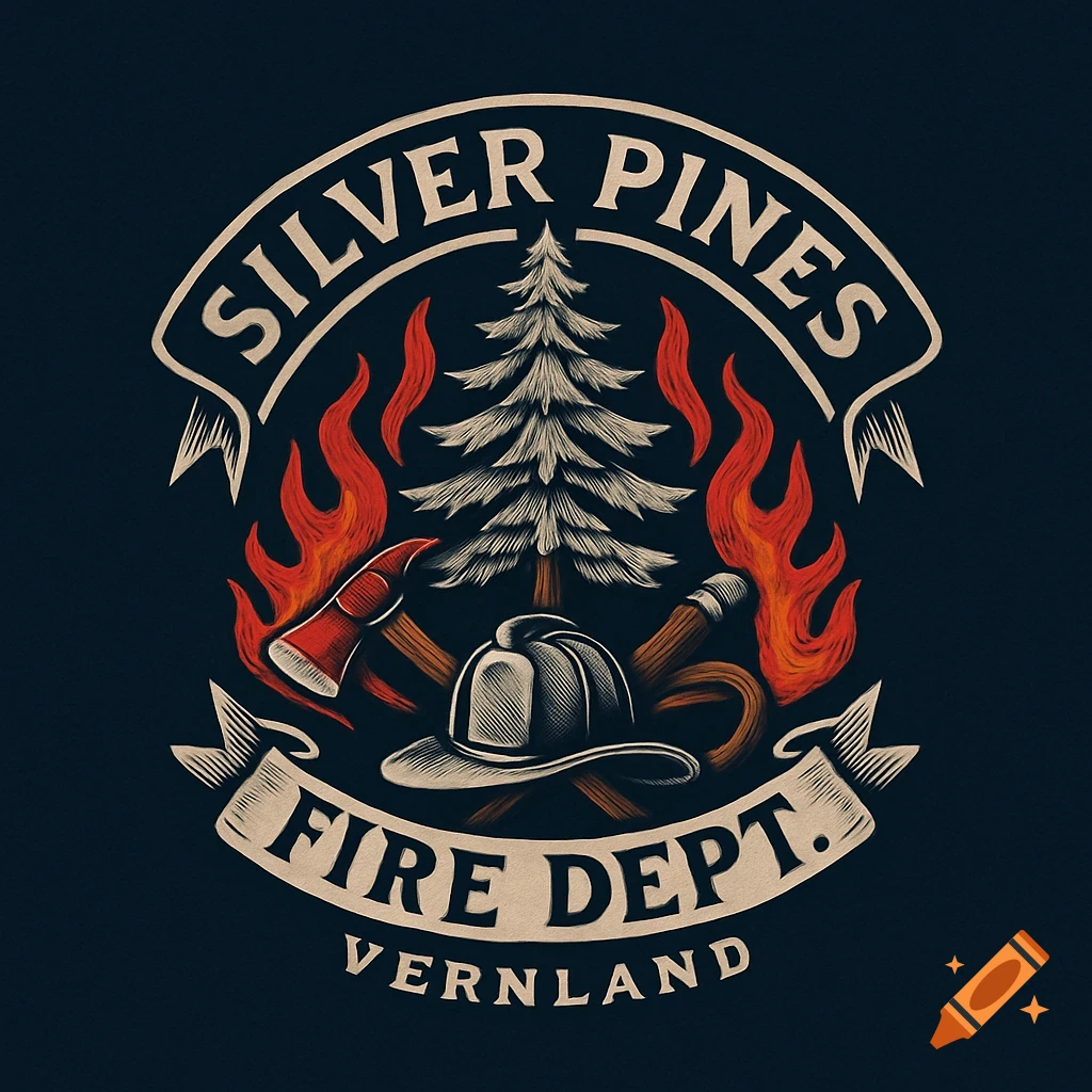 Vintage style logo for Silver Pines Fire Dept. featuring a pine tree, axe, hose, firefighter's helmet, and flames on a dark background.