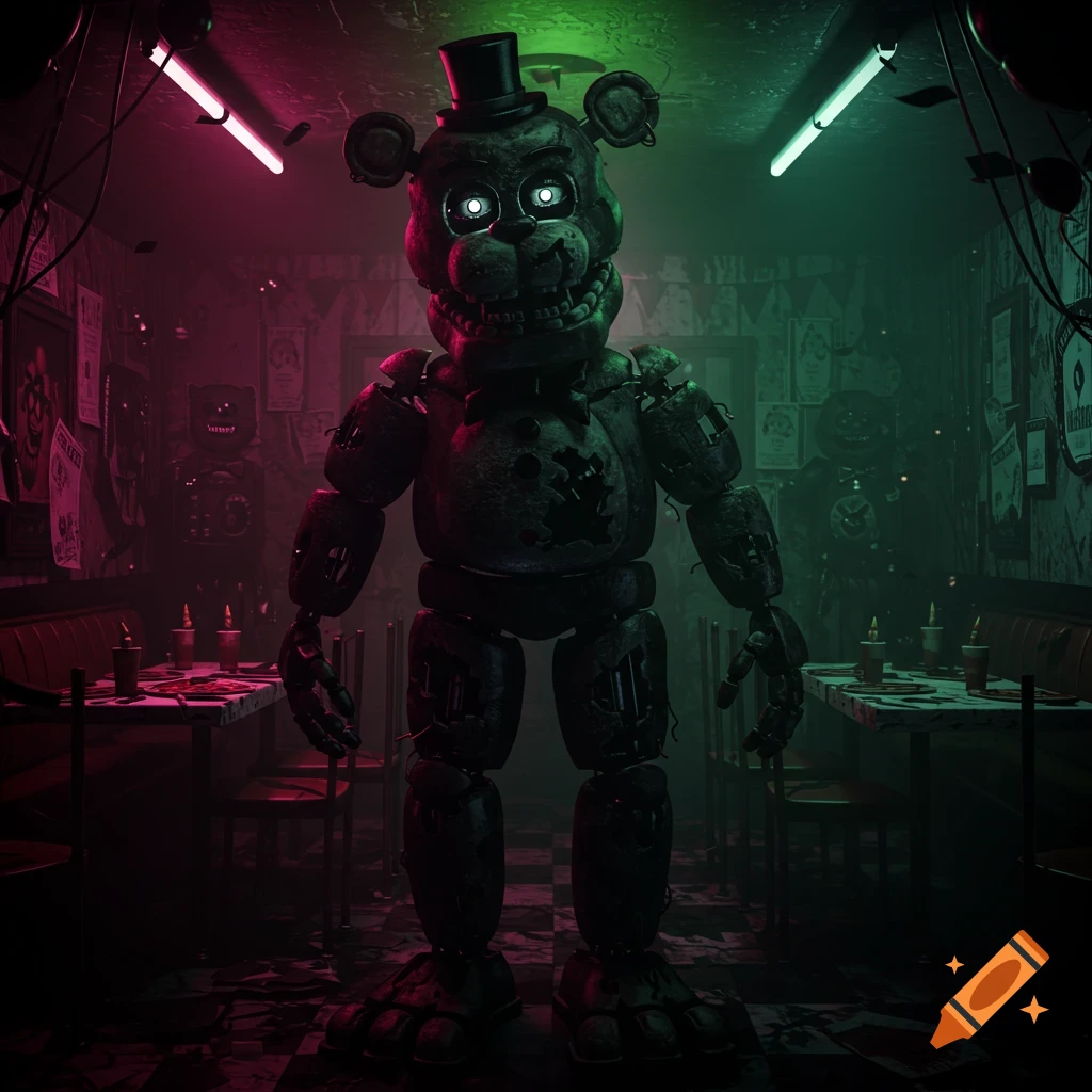 A dark and eerie image of an animatronic bear with glowing eyes standing in a dilapidated pizzeria with red and green lighting.