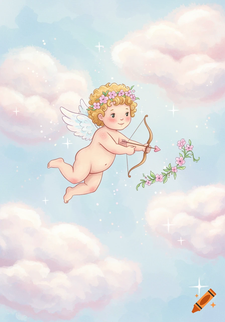 A cute watercolor cherub cupid with wings and a flower crown, flying through a cloudy, pink and blue sky, holding a bow and arrow.