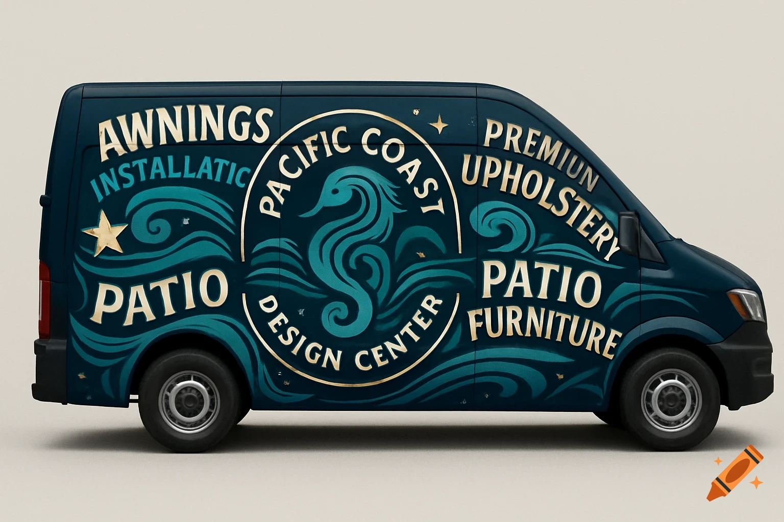 A dark teal delivery van with elegant gold and teal lettering advertising "Pacific Coast Design Center" and services like awnings, patio furniture, and upholstery. A seahorse design is in the center.