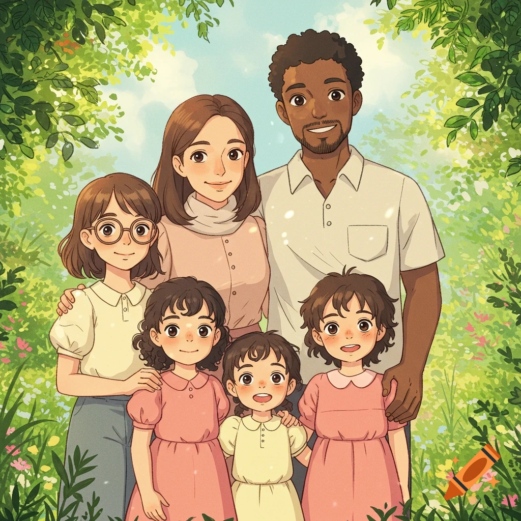 A Studio Ghibli-style illustration of a happy diverse family of five, including parents and three daughters, smiling in a lush green outdoor setting.