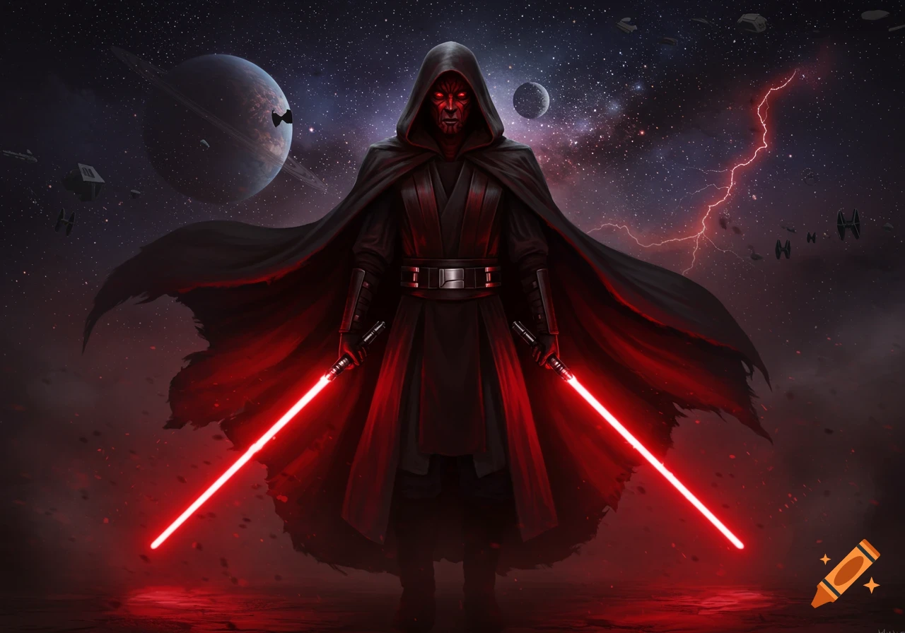 Darth Maul in a dark cloak wielding two red lightsabers, standing in a space scene with planets, lightning, and spaceships.
