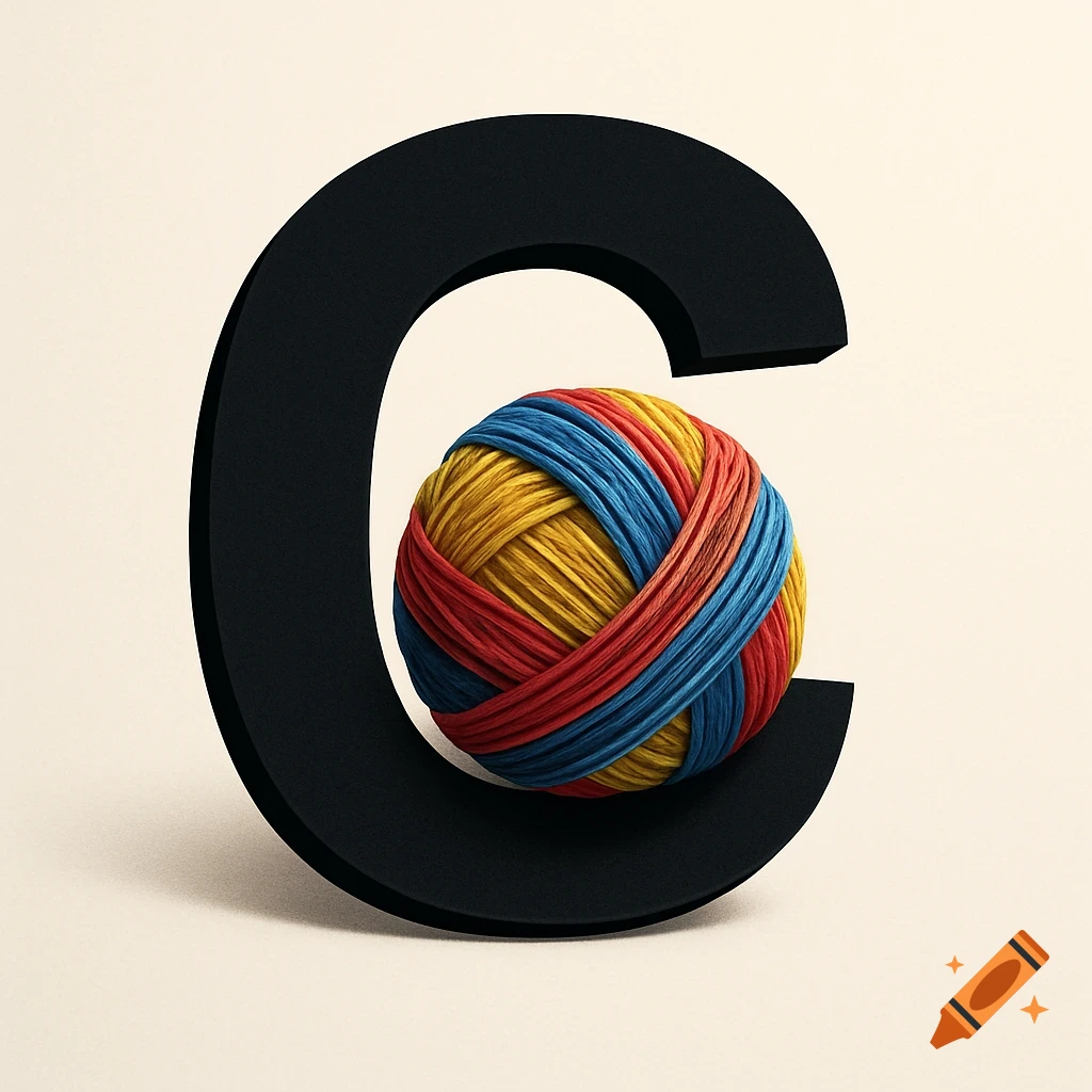 A large, black, block letter 'C' with a colorful ball of red, yellow, and blue yarn nestled in its center.