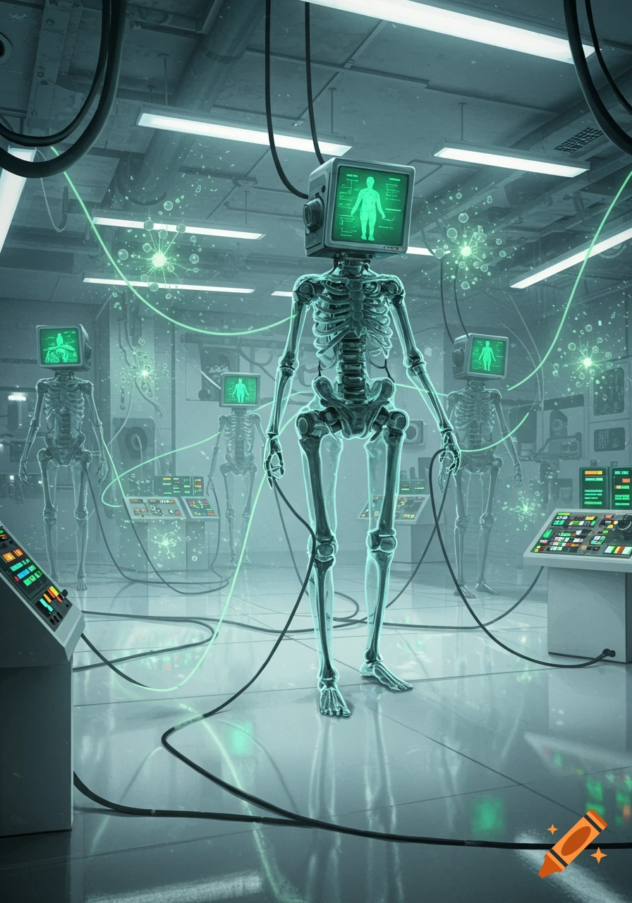 A group of skeletal figures with CRT monitors for heads, displaying green human figures, stand in a glowing futuristic lab with cables and control panels.