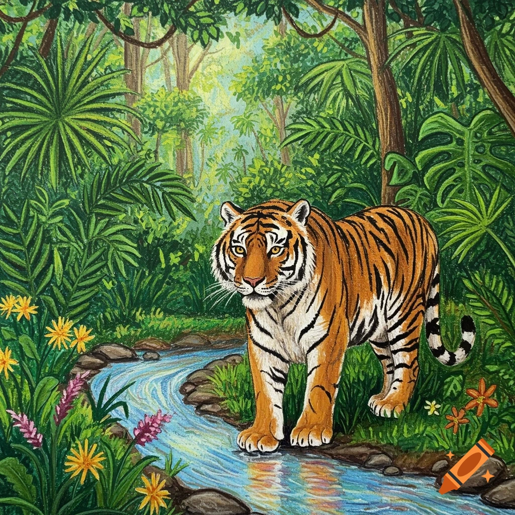 A colorful crayon drawing of a tiger standing next to a small stream in a dense, vibrant green jungle.