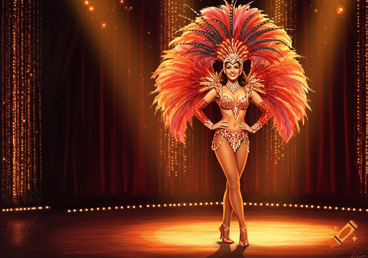 A glamorous showgirl in a shimmering red feathered costume stands on a stage with spotlights and glowing lights.