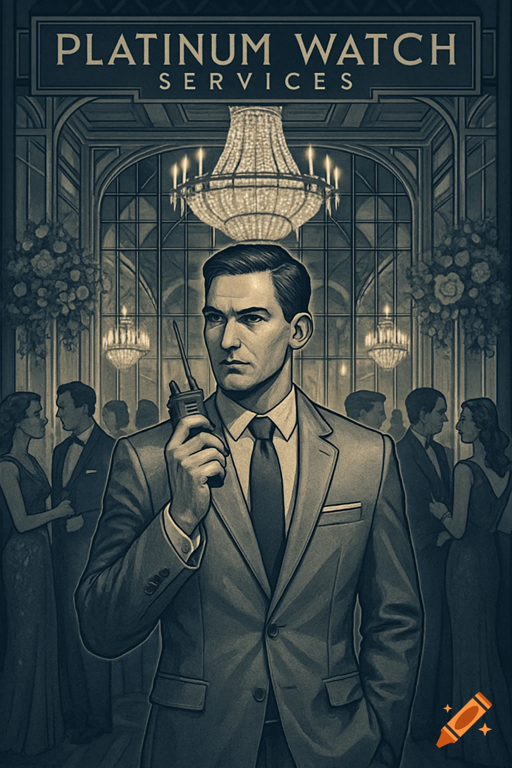 An illustration of a man in a suit holding a radio at a formal event, with 'PLATINUM WATCH SERVICES' above.