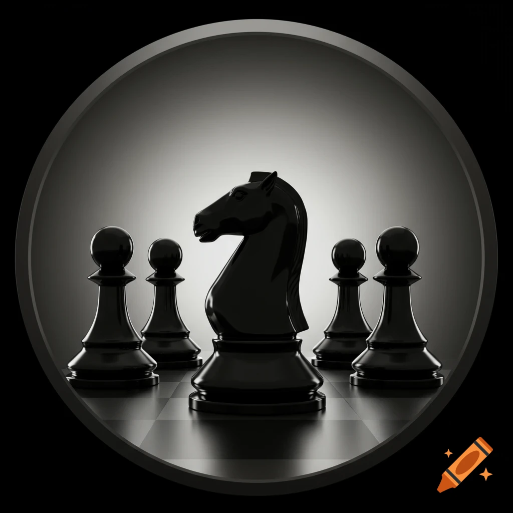 A glossy black chess knight and four black pawns stand on a chessboard inside a circular frame.
